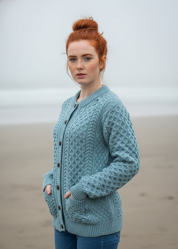 Aran Cable Knit Cardigan | Aqua
