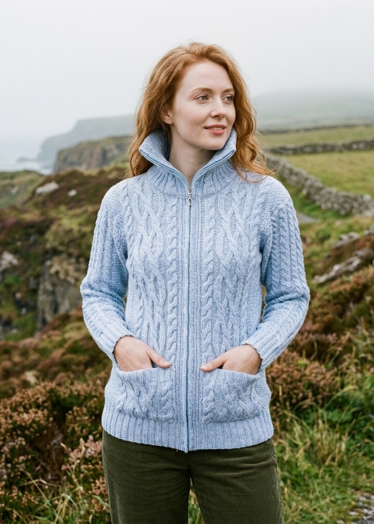 Aran Claddagh Zip Cardigan | 100% Merino Wool | Sky Blue