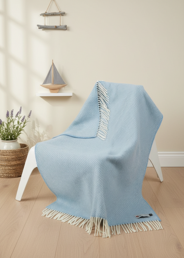 John Hanly Cashmere Baby Blanket | Blue Herringbone | Luxury Irish Gift
