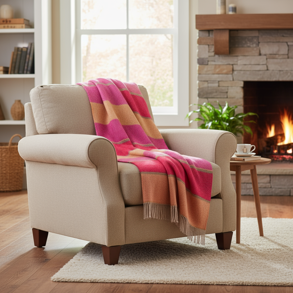 John Hanly Cashmere Merino Throw - Red Pink Biscuit Stripe