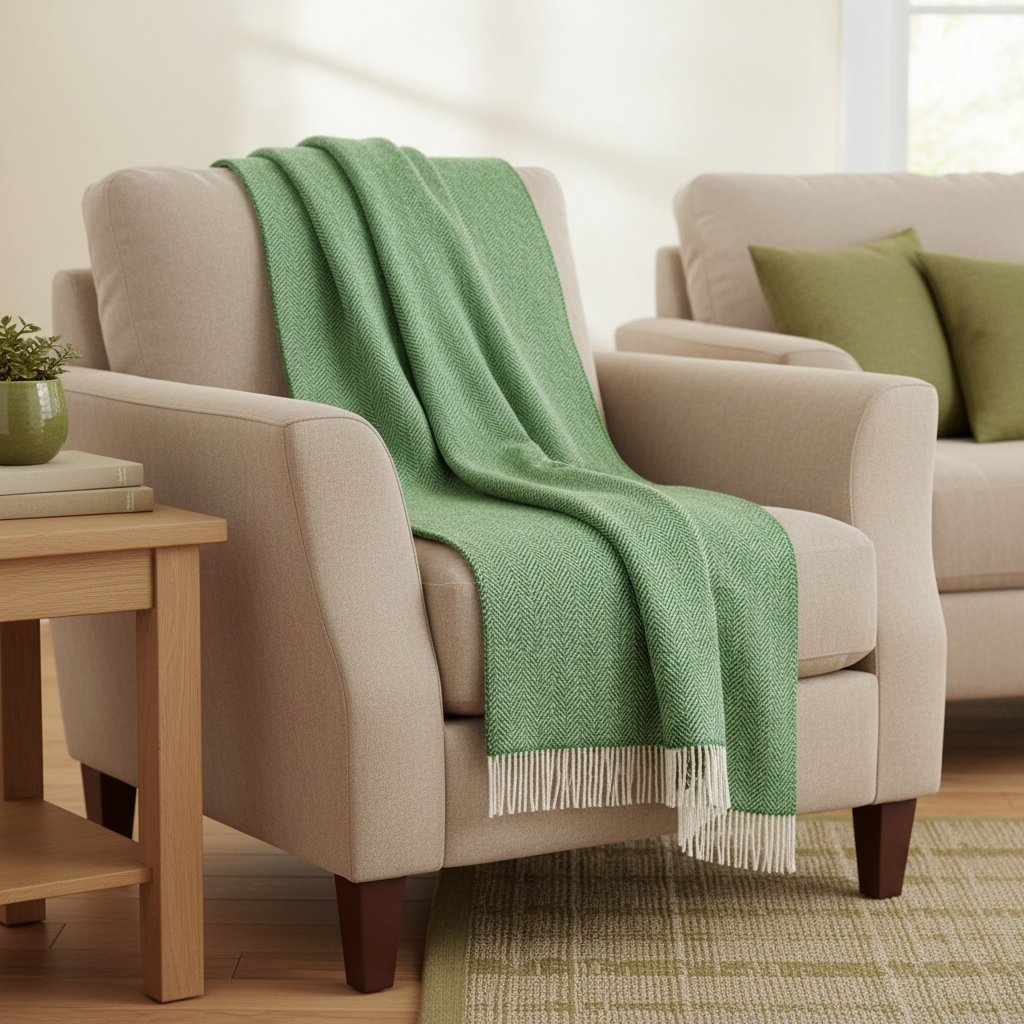 John Hanly Cashmere Merino Throw | Green Herringbone