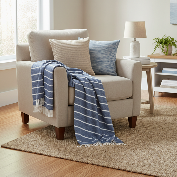John Hanly Denim White Horizontal Stripe Throw