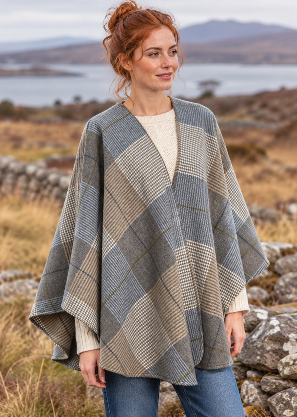 John Hanly Lambswool Cape | Cream Taupe & Denim Check