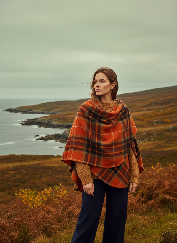 John Hanly Lambswool Cape | Orange Tartan Mix | Irish Wool Shawl