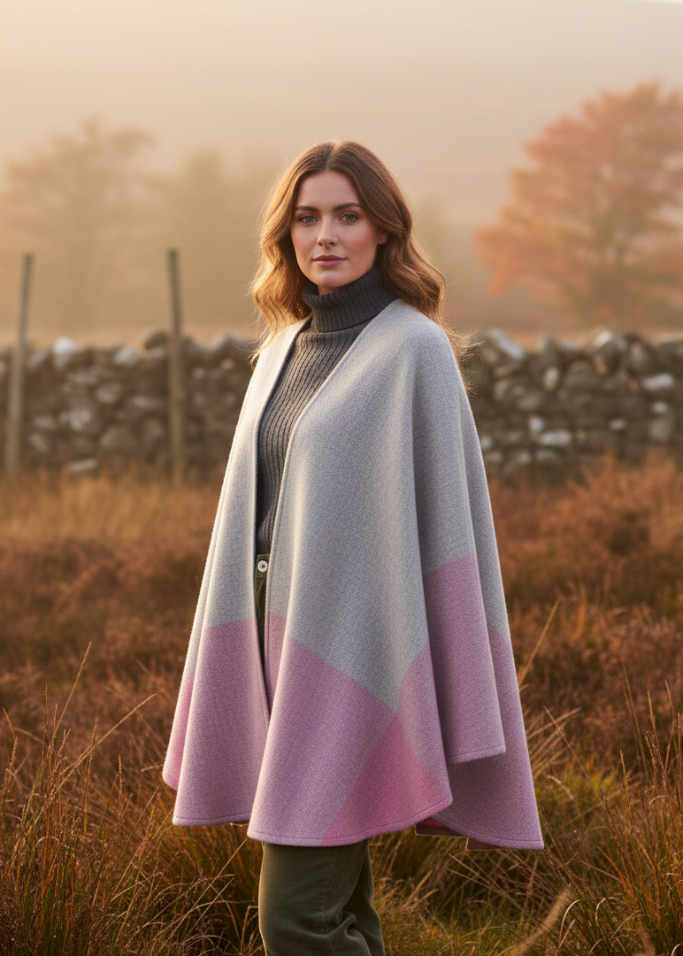 John Hanly Lambswool Cape | Pink Grey Block - Irish Heritage Knitwear