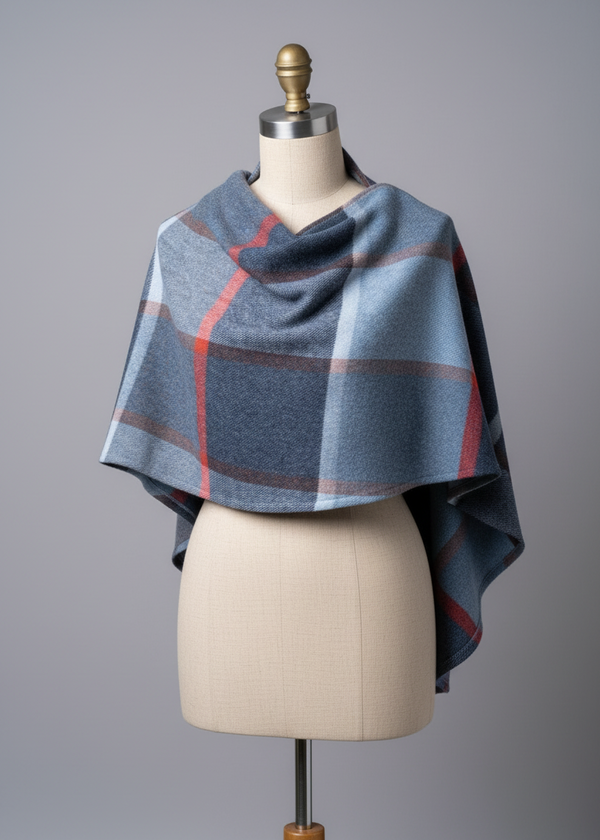 John Hanly Lambswool Cape Shawl | Blue Navy Rust Red Check | Irish Wool