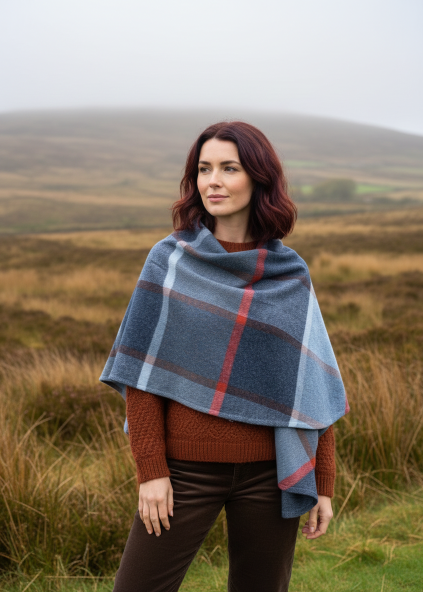 John Hanly Lambswool Cape Shawl | Blue Navy Rust Red Check | Irish Wool
