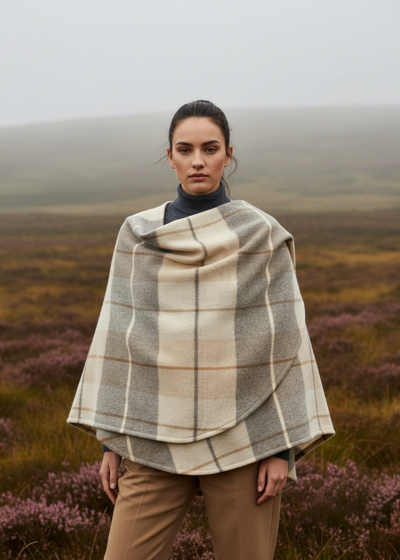 John Hanly Lambswool Cape Shawl | Rust Cream & Brown Mix | Irish Wool