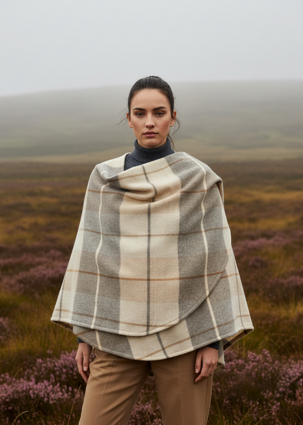 John Hanly Lambswool Cape Shawl | Rust Cream & Brown Mix | Irish Wool
