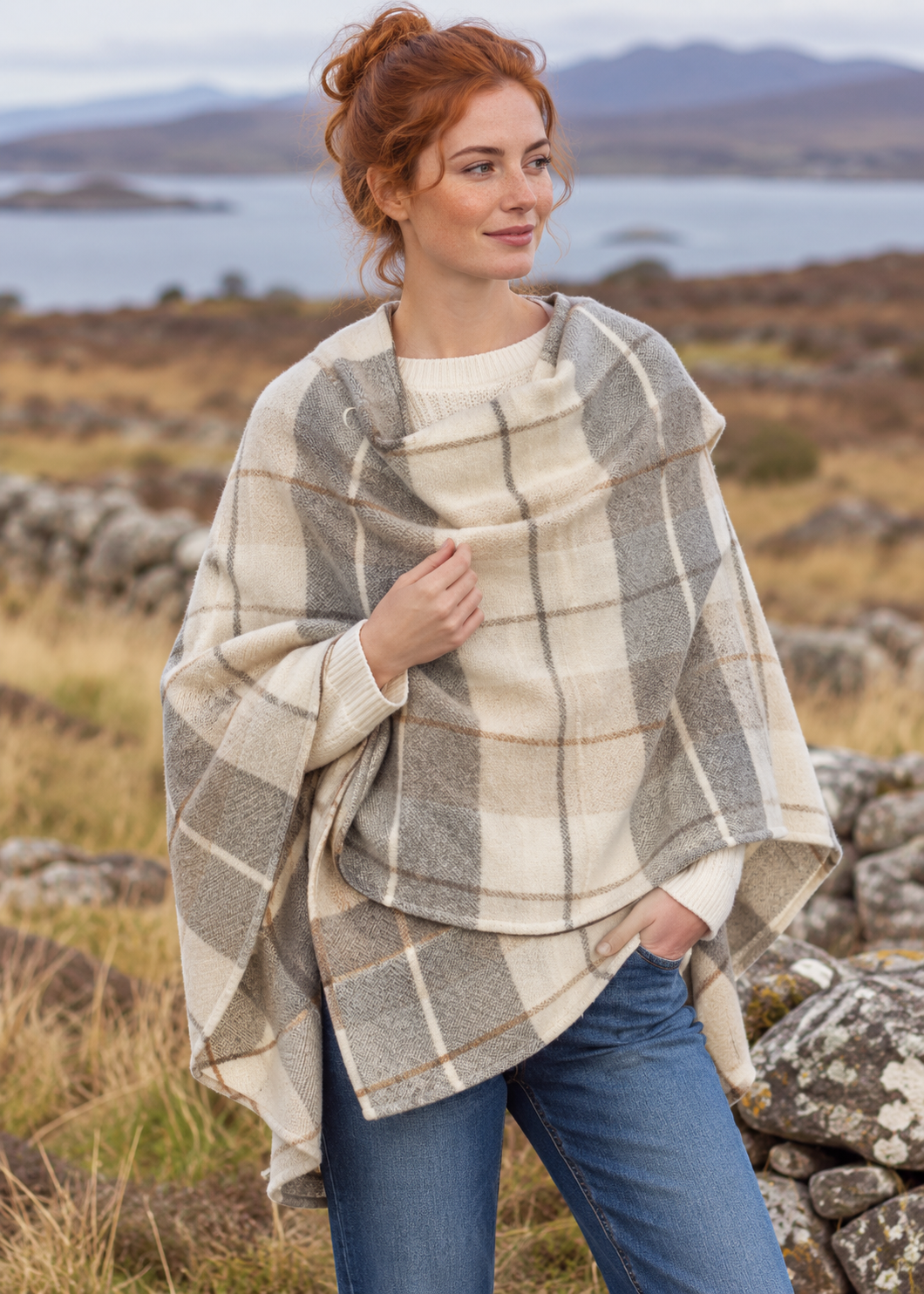 John Hanly Lambswool Cape Shawl | Rust Cream & Brown Mix | Irish Wool
