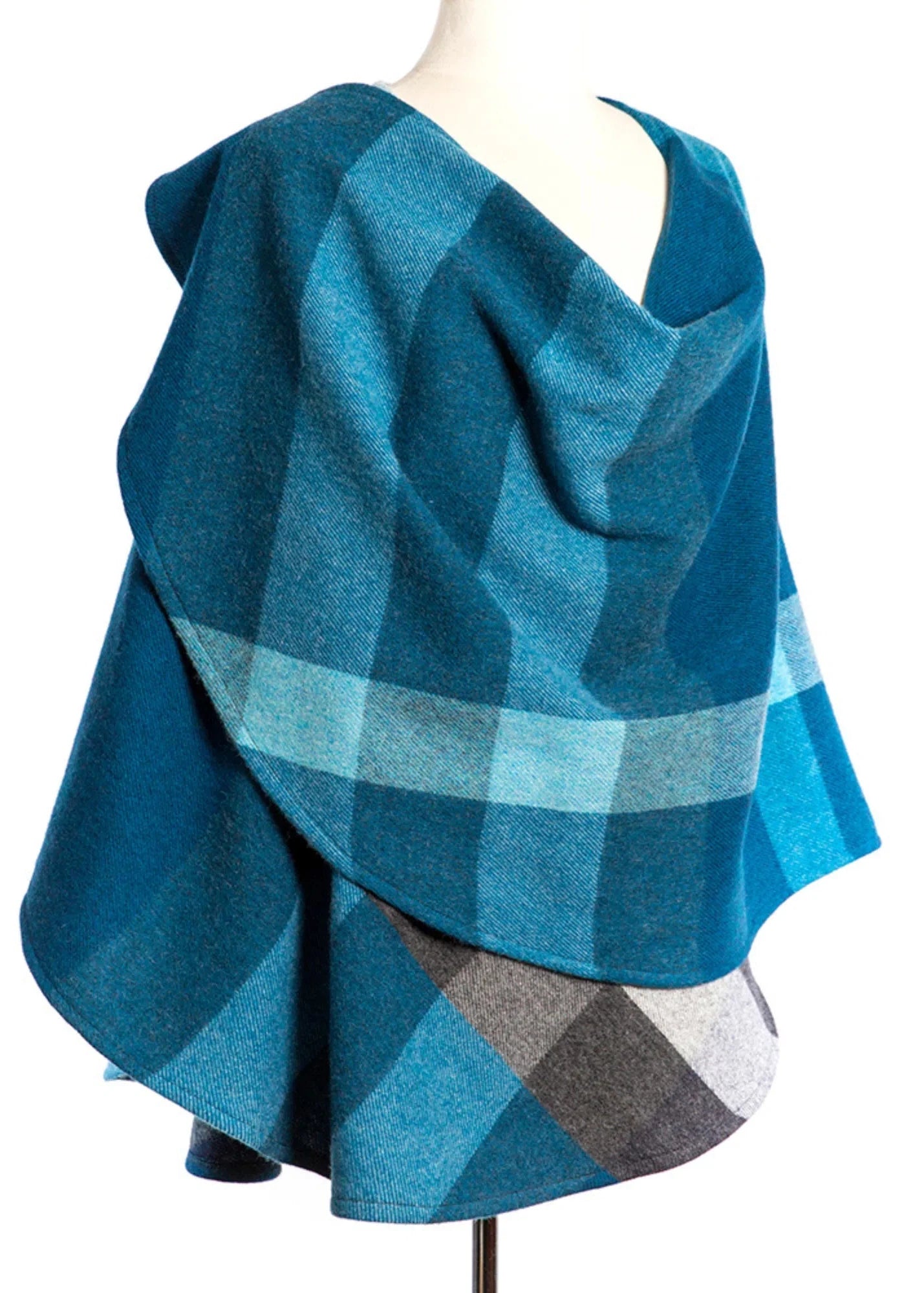 John Hanly Lambswool Cape | Turquoise Blue Check