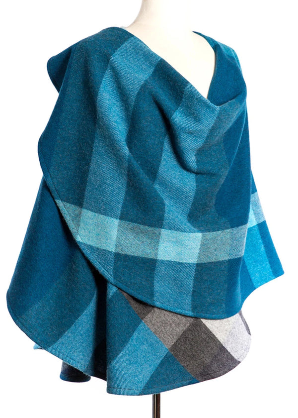 John Hanly Lambswool Cape | Turquoise Blue Check