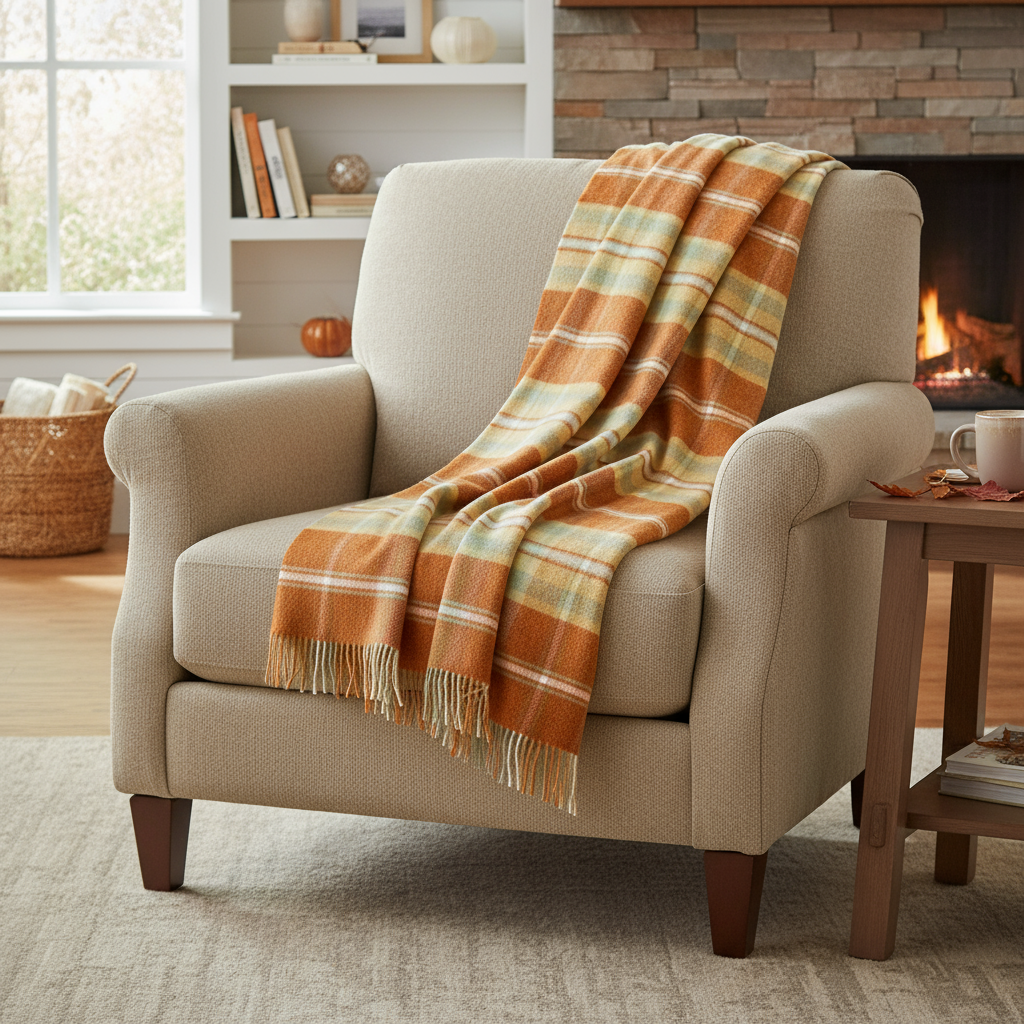 John Hanly Large Lambswool Throw | Orange Rust Plaid