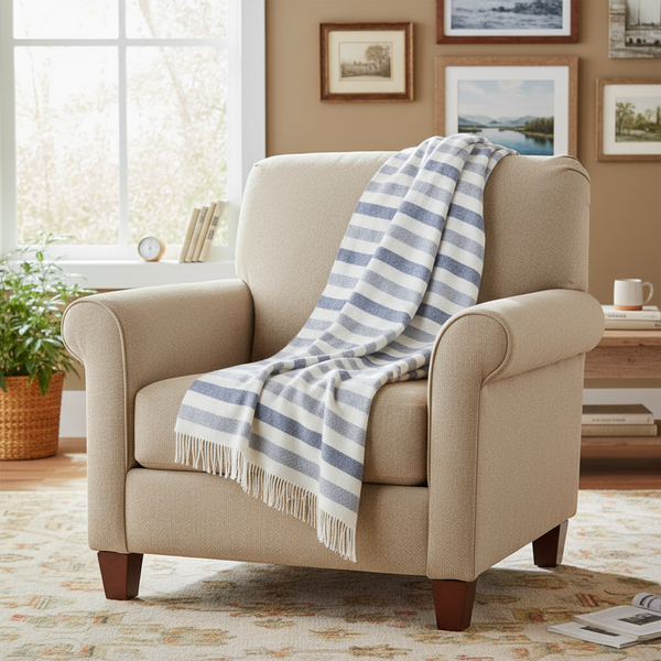 John Hanly Merino Denim & White Stripe Blanket