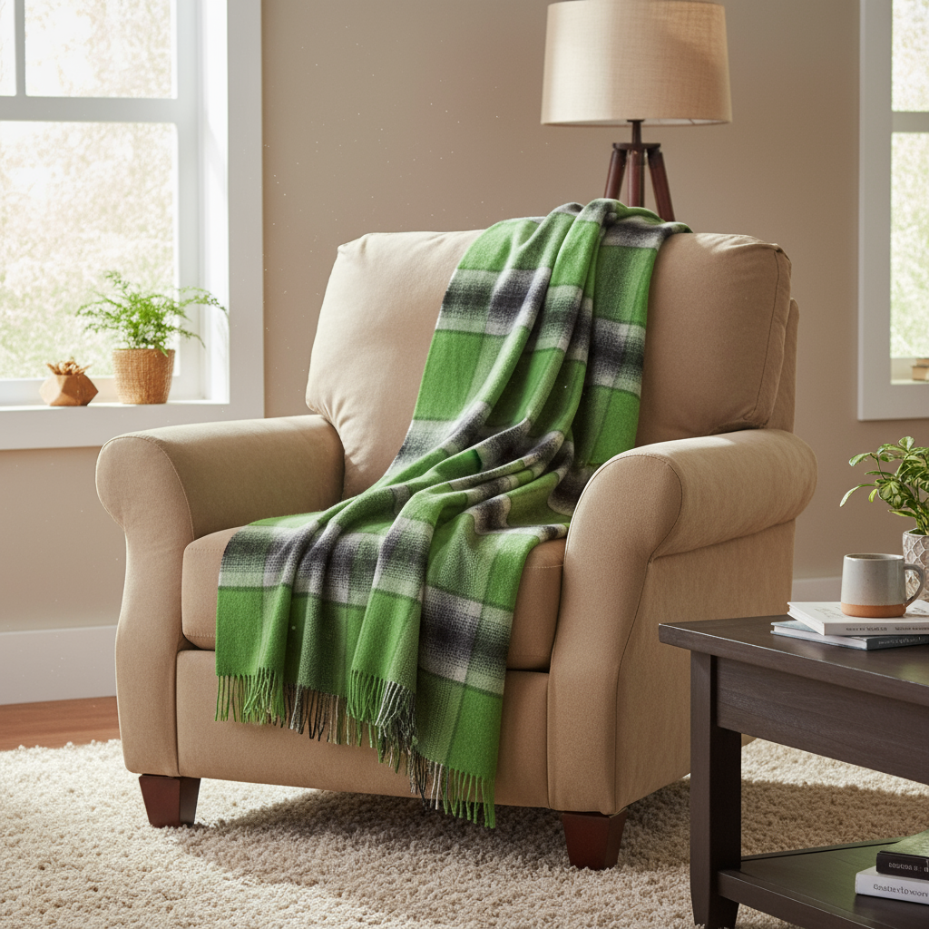 John Hanly Merino Lambswool Blanket | Green Grey Check