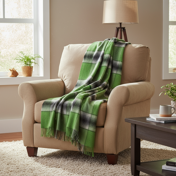 John Hanly Merino Lambswool Blanket | Green Grey Check