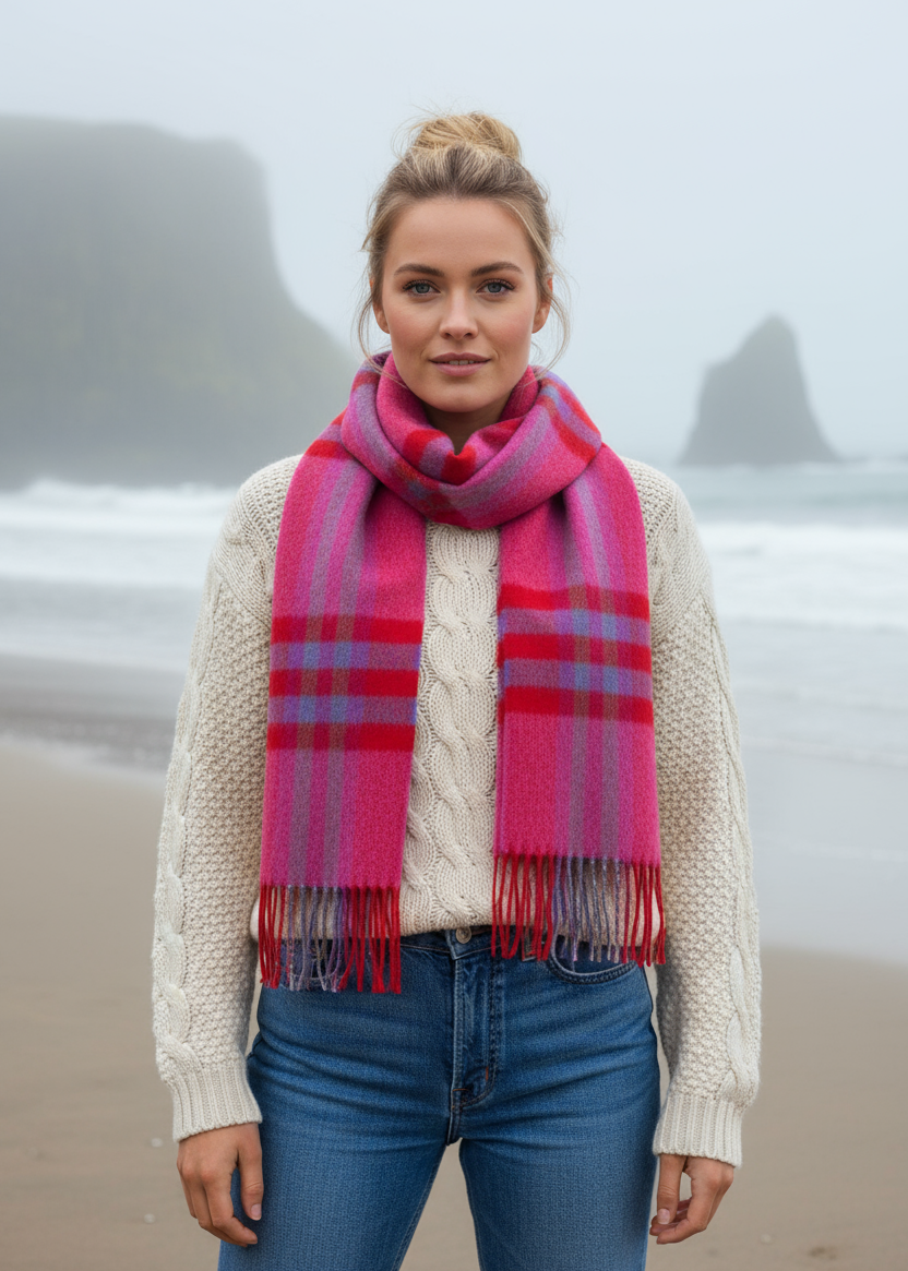 John Hanly Merino Scarf | Pink Red Check