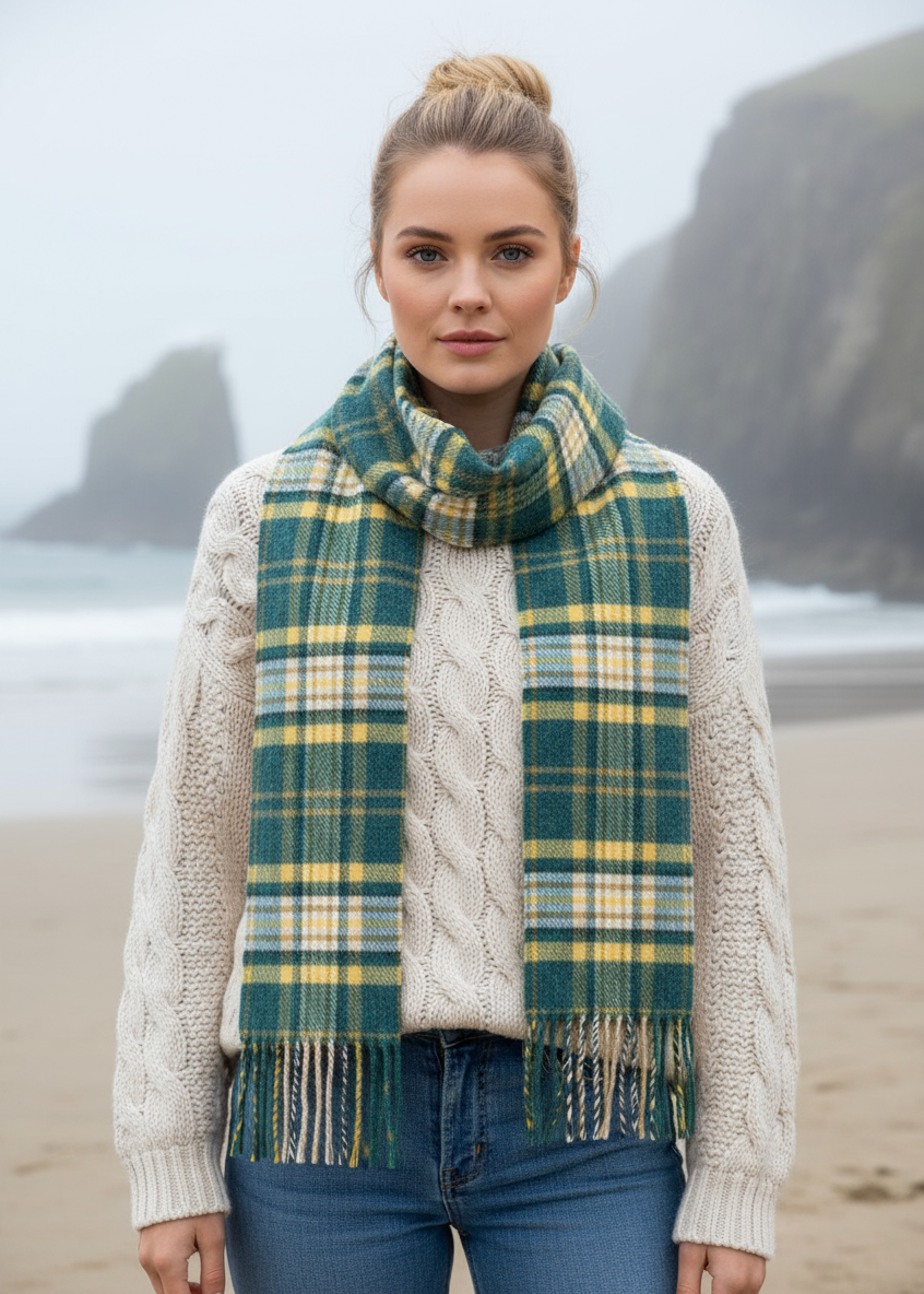 John Hanly Yellow Green Mix Check Scarf