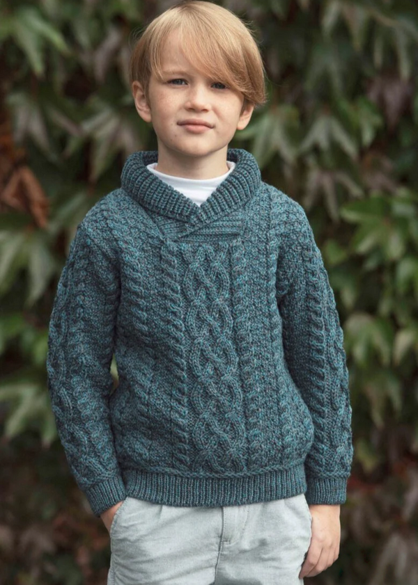 Kid's Shawl Neck Aran Sweater | Peacock