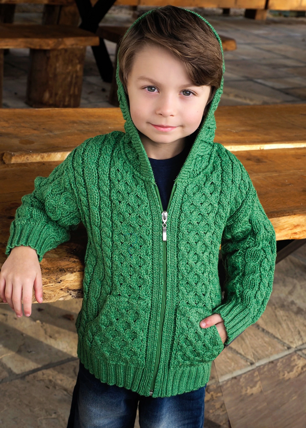 Kids Hooded Aran Zip Cardigan | Green
