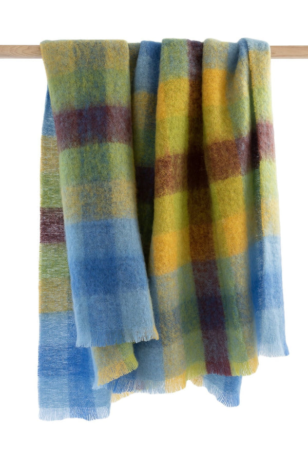 Mohair Throw | Blue Yellow Lime Brown Blocks