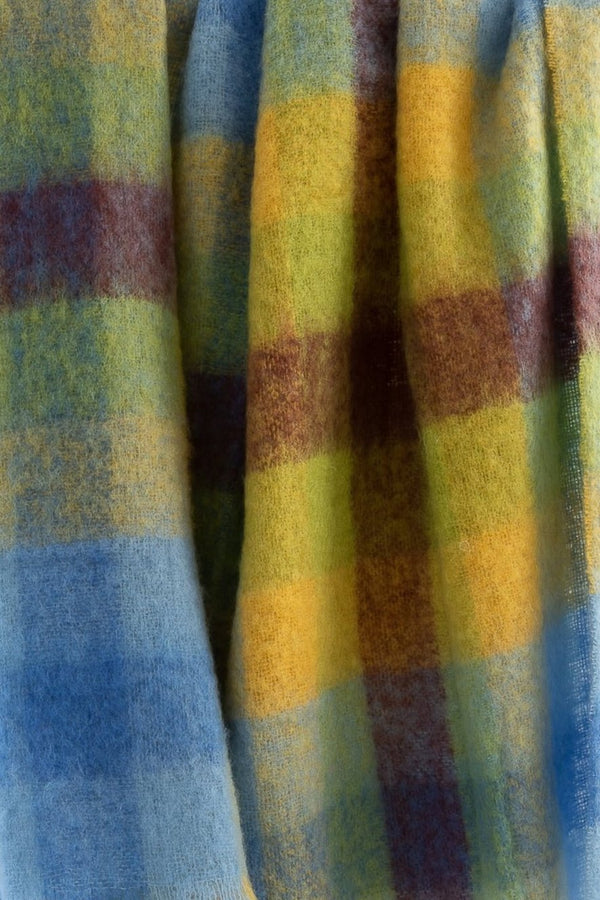 Mohair Throw | Blue Yellow Lime Brown Blocks