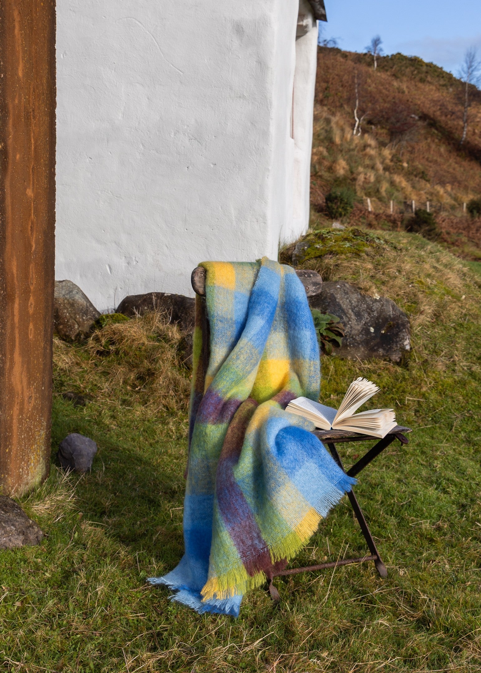 Mohair Throw Blue Yellow Lime Brown Blocks