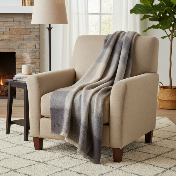 Mohair Throw Beige Grey Large Block