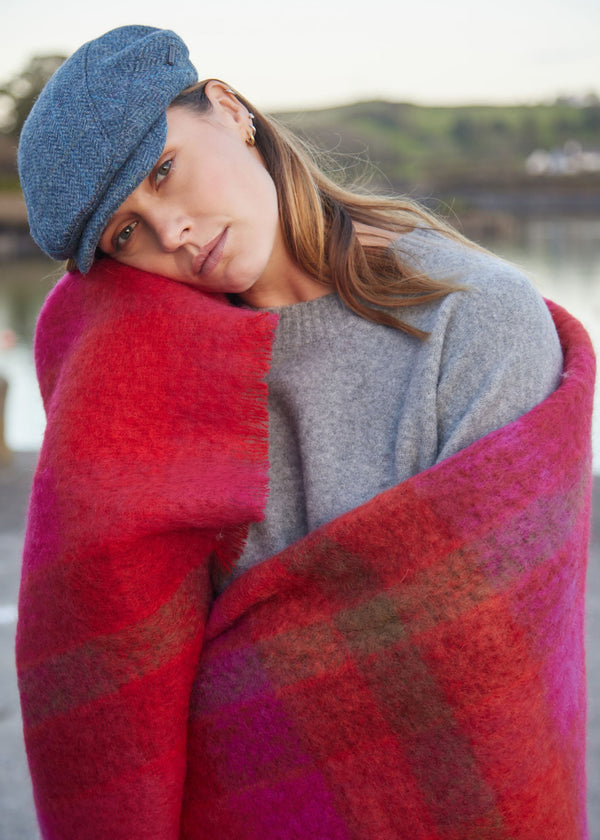 John Hanly Large Mohair Throw | Bright Red & Pink Check