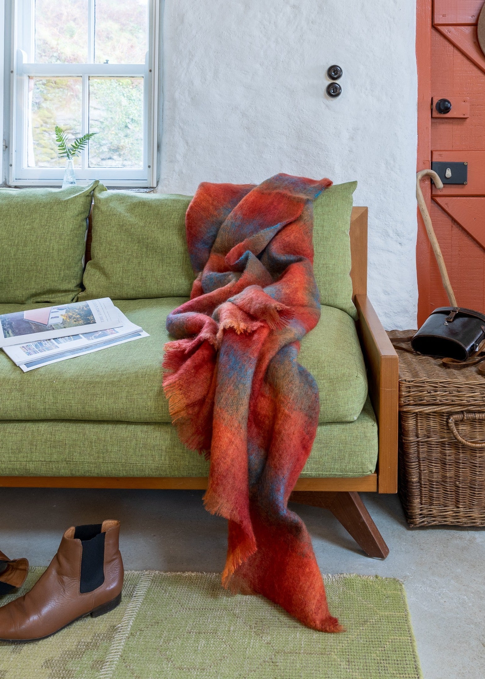 John Hanly Mohair Blanket | Premium Irish Wool Throw | Orange Blue Yellow