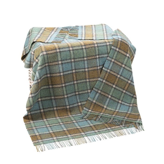 John Hanly Large Lichen Sea Green and Beige Plaid Blanket