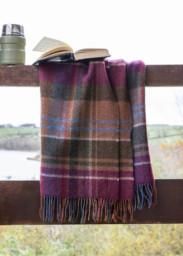 Large Irish Wool Blanket - Raspberry Purple Green Orange Tartan by John Hanly