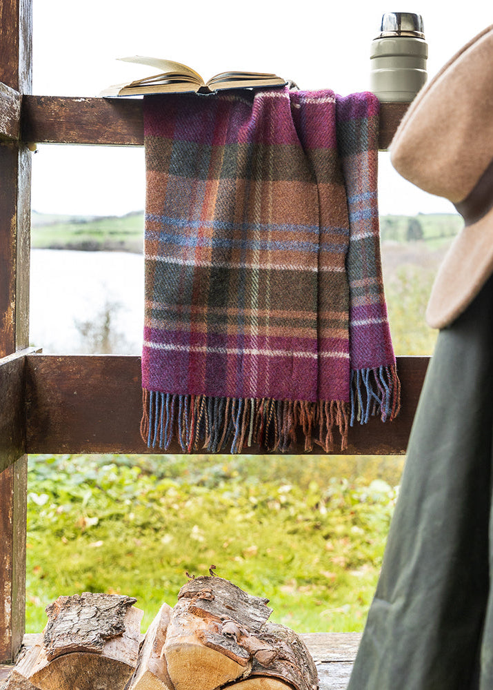 Large Irish Wool Blanket - Raspberry Purple Green Orange Tartan by John Hanly