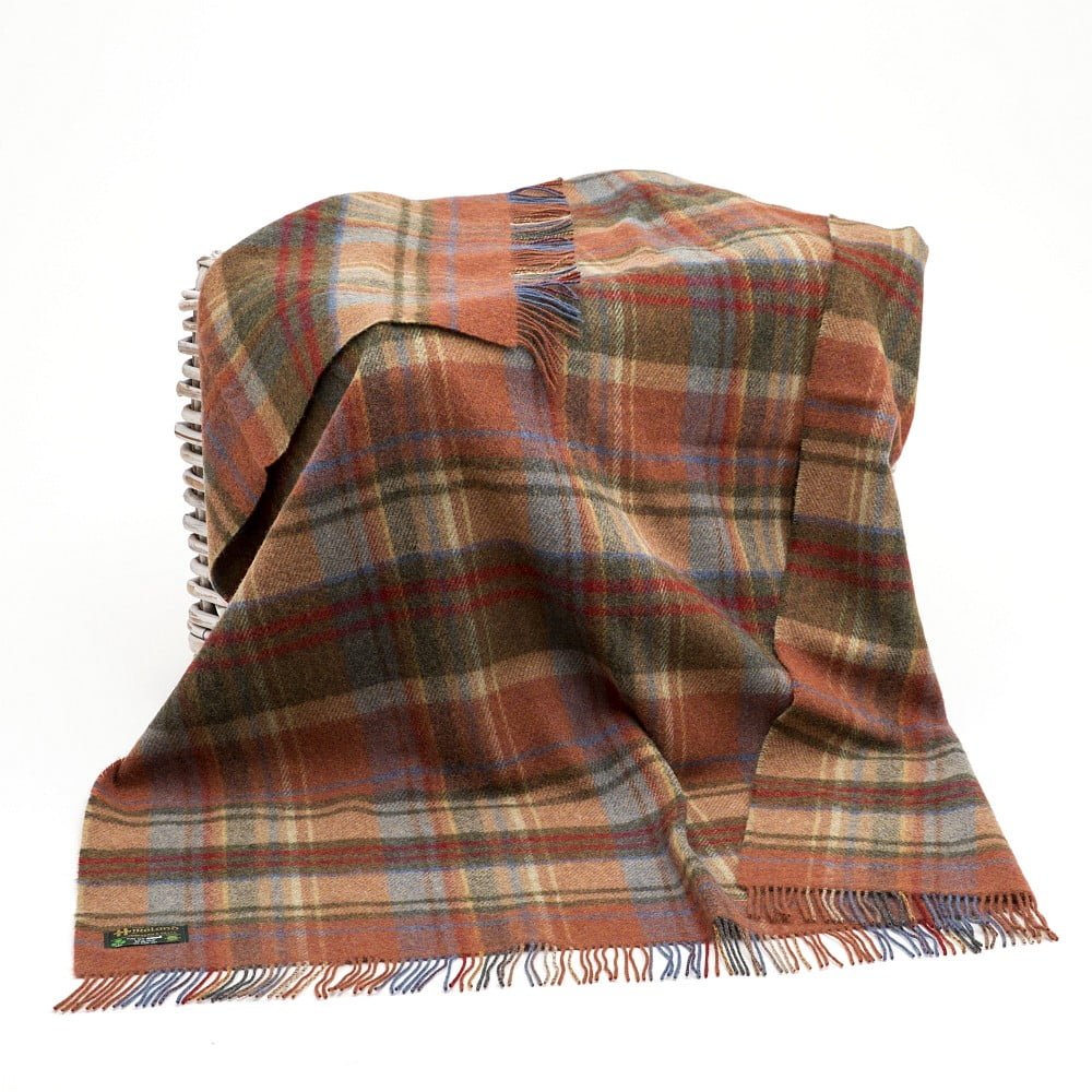 Large Irish Picnic Blanket Brown Orange and Blue Plaid