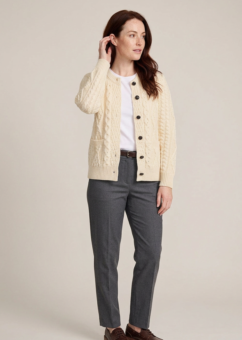 Ladies Aran Cardigan | 100% Wool | Natural