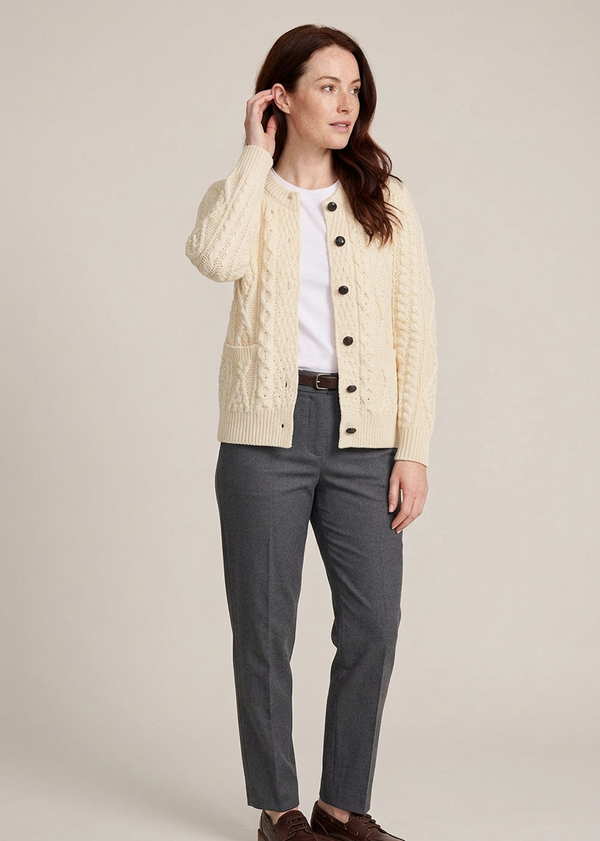 Ladies Aran Cardigan | 100% Wool | Natural