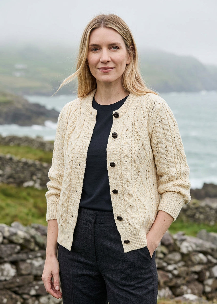 Ladies Aran Cardigan | 100% Wool | Natural