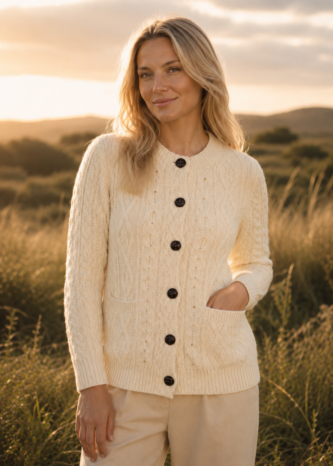 Ladies Aran Cardigan | 100% Wool | Natural