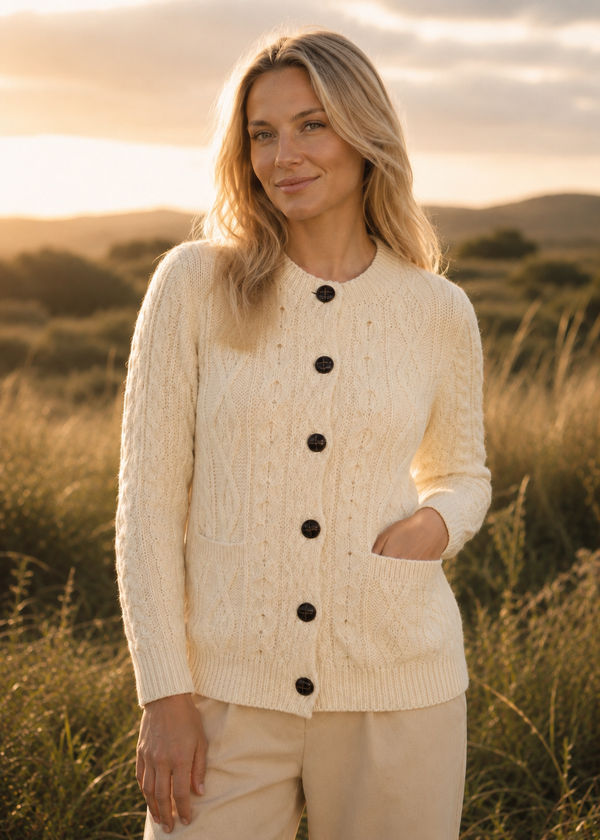 Ladies Aran Cardigan | 100% Wool | Natural