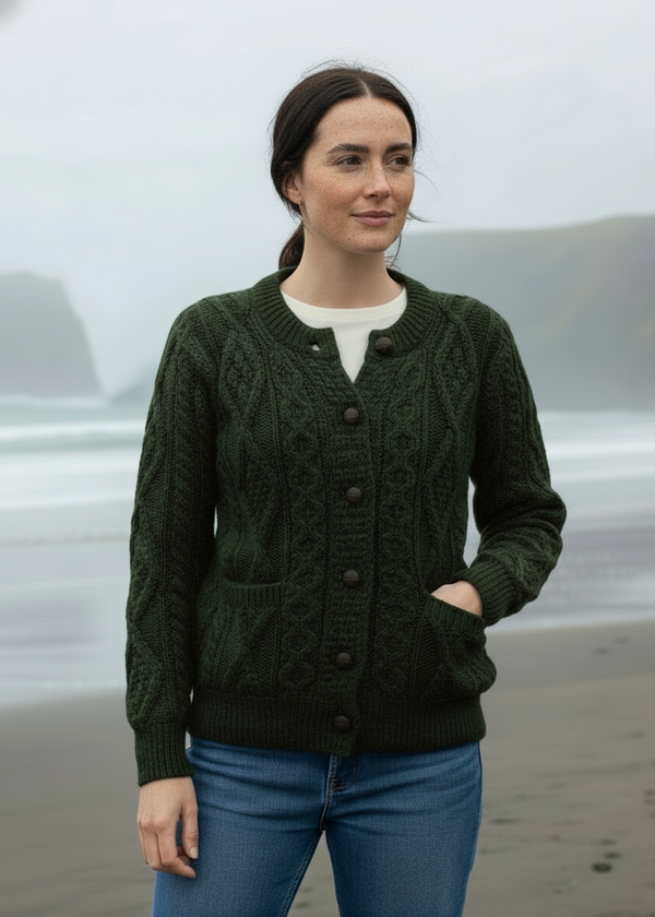 Ladies Aran Cardigan | Army Green