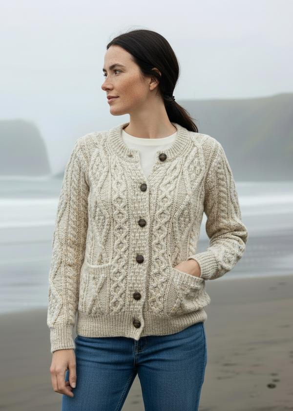 Ladies Aran Cardigan | Flecked Cream