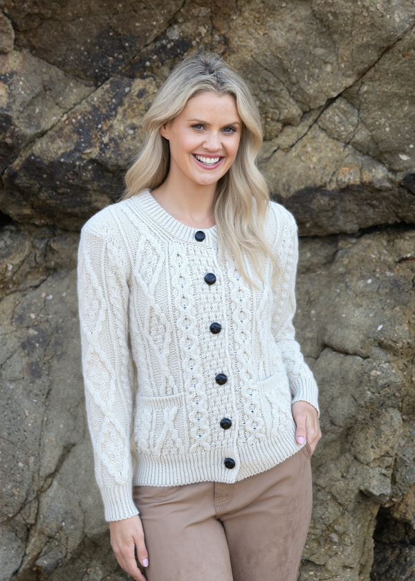 Ladies Aran Cardigan | Flecked Cream