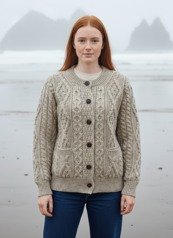 Inagh Ladies Aran Cardigan | Oatmeal
