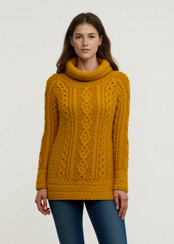 Ladies Aran Roll Neck Sweater | Mustard