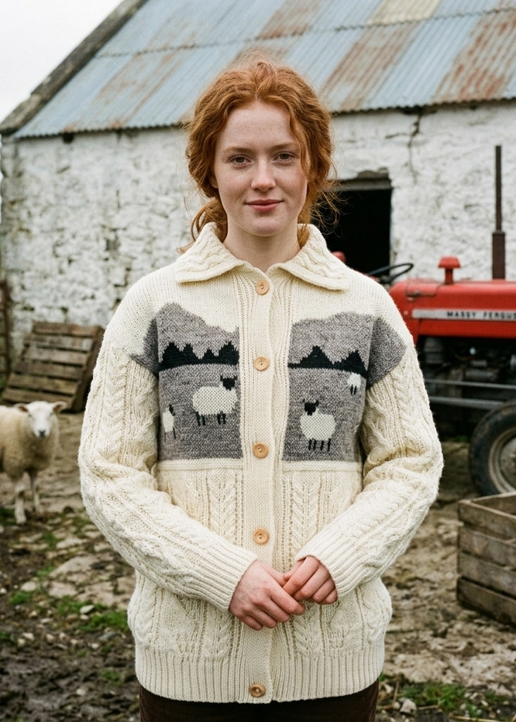 Ladies Aran Sheep Cardigan | 100% Wool | Natural