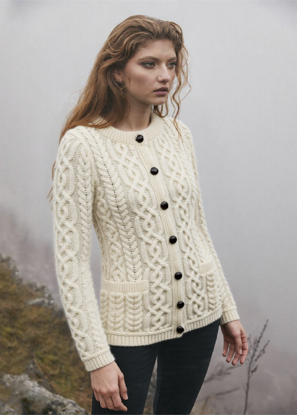Ladies Button Aran Cardigan | Natural