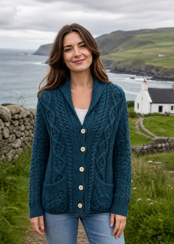 Ladies Button Shawl Aran Cardigan | Irish Sea
