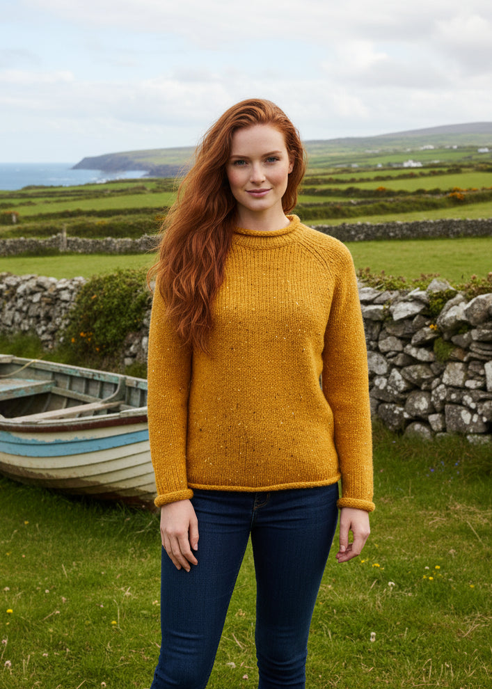 Ladies Donegal Roll Neck Sweater | Sunflower