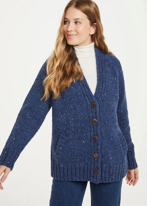 Ladies Donegal Tweed Cardigan with Pockets - Blue