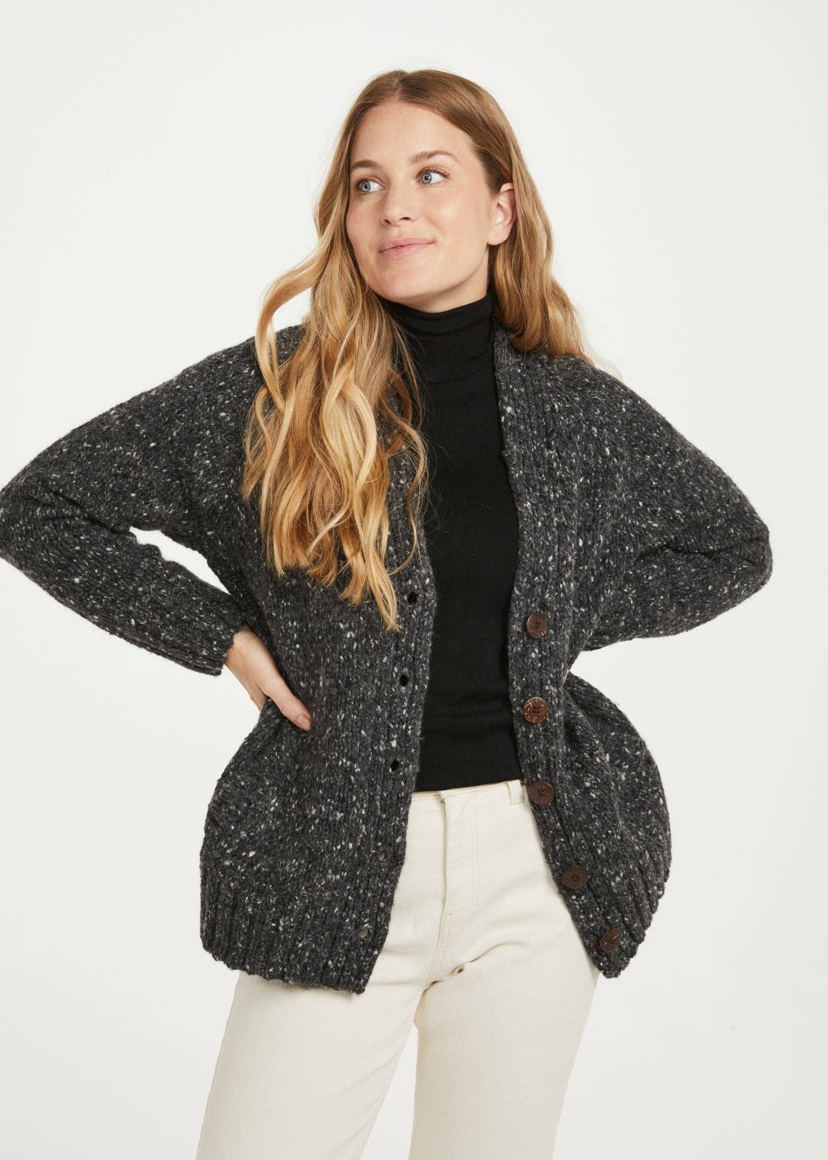 Ladies Donegal Tweed Cardigan with Side Pockets | Charcoal